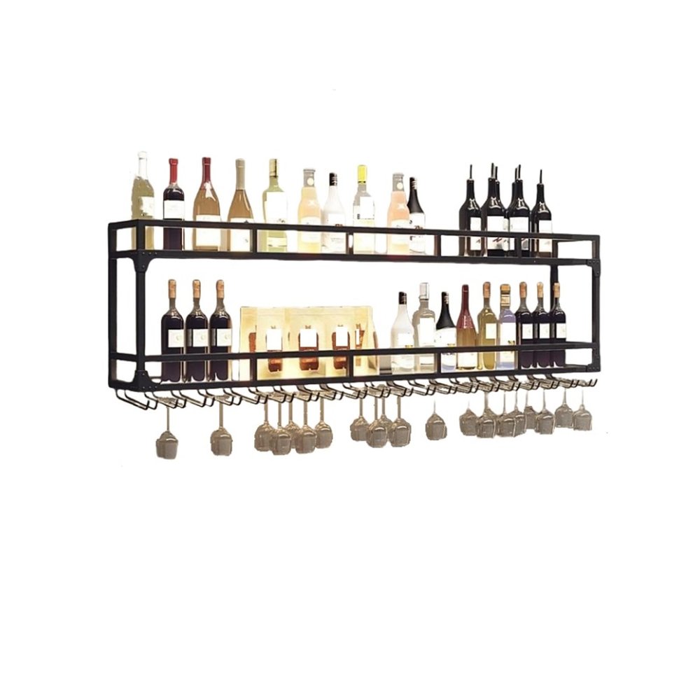 2-Tiers Liquor Floating Shelves Wine Rack Wall Mounted Pub Shelves for Liquor Bottles & Goblet Glasses Industrial Hanging Glass Holder for Home Pub Dining Room,Ideal for Home
