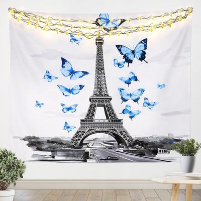 jejeloiu Paris Eiffel Tower Tapestry XLarge 70"x92" Kids Butterflies Romantic Wall Art for Boys Girls Teens Blue Wall Hanging Blanket