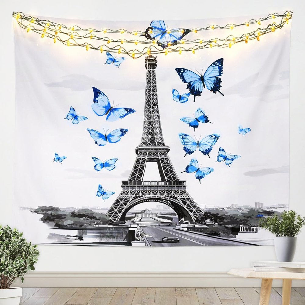 jejeloiu Paris Eiffel Tower Tapestry XLarge 70"x92" Kids Butterflies Romantic Wall Art for Boys Girls Teens Blue Wall Hanging Blanket