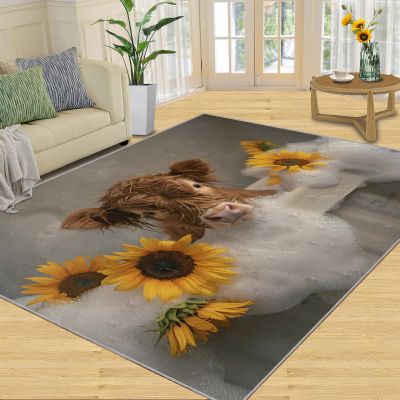 Nordic Light Luxury Carpet 3x5 Rug, Highland Cow Bath Rug, Funny Cattle Carpet, Washable Non-Slip Soft Flannel Carpet for Living Room Bedroom, Sunflower Highland Cow Home Decor