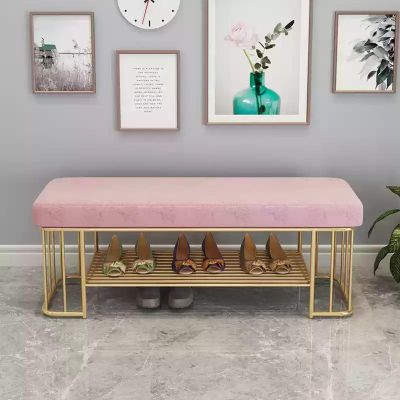 XYERDLYN Upholstered Shoe Storage Bench,2-Tier Entryway Shoe Bench with Velvet Seat and Gold Frame,Shoe Rack Bench for Hallway(Pink,100 x 35 x 45 cm)