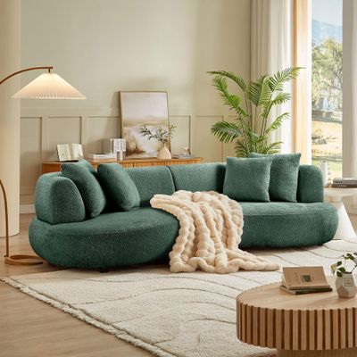 102.36" Curved Living Room Sofa Cloud Sectional Couch with 4 Throw Pillows, 4 Seater Half-Moon Shape Mid-Century Modern Uphostery Boucle Couch for Apartment Green
