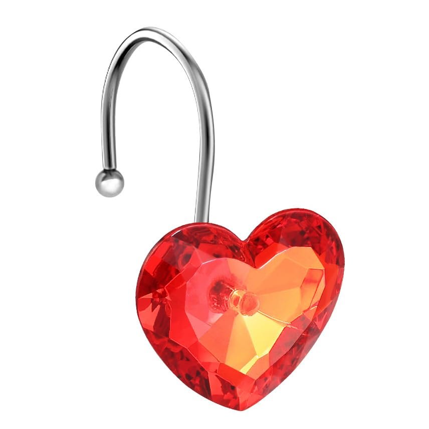 EleCharm Decorative Crystal Shower Curtain Hooks, Set of 12 Bling Red Heart Shape Hooks Rings Rust Resistant Steel for Bathroom Curtain Multi-Purpose (Red Transparent)