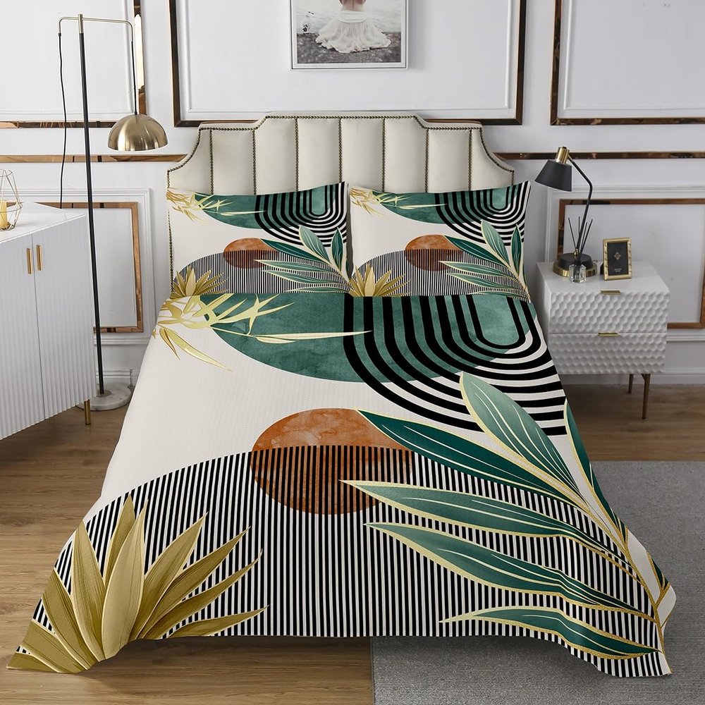 Erosebridal Boho Mid Century Quilt Set Queen Modern Abstract Geometric Bedspread Set,Retro Minimalist Aesthetic Bedspread Sets Line Art Coverlet Set for Women Men,Green Room Decor