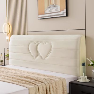 GRIPITHPY Velvet Bed Headboard Slipcover,Stretch Universal Headboard Covers with Side Pocket,Thicken Bed Head Cover Headboard Protector with Heart Embroidery(47.24in/120CM, Beige)