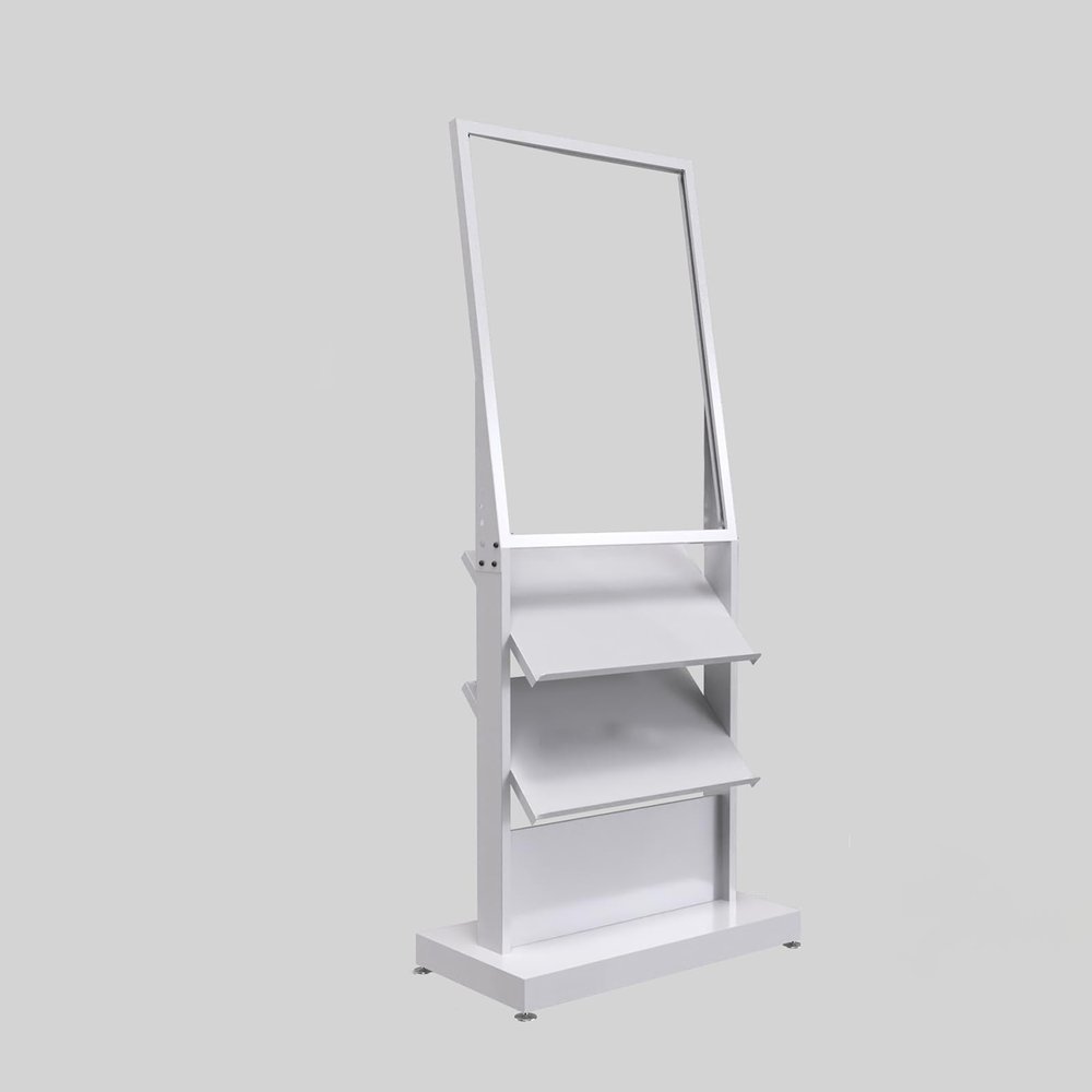 3 Tier Magazine Rack with Poster Frame - Steel Floor Standing Brochure Holder, Large Capacity Literature Stand for Display in Offices, Lobbies, and Waiting Rooms (White B)