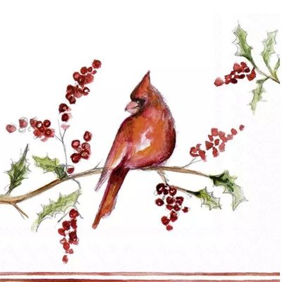 Set of 2 Individual Decoupage Paper Party Napkins Mixed Media CARDINAL BIRDS Decor Luncheon Beverage Christmas Series Napkin for a Birthday, Holiday, Wedding, Cocktail Party