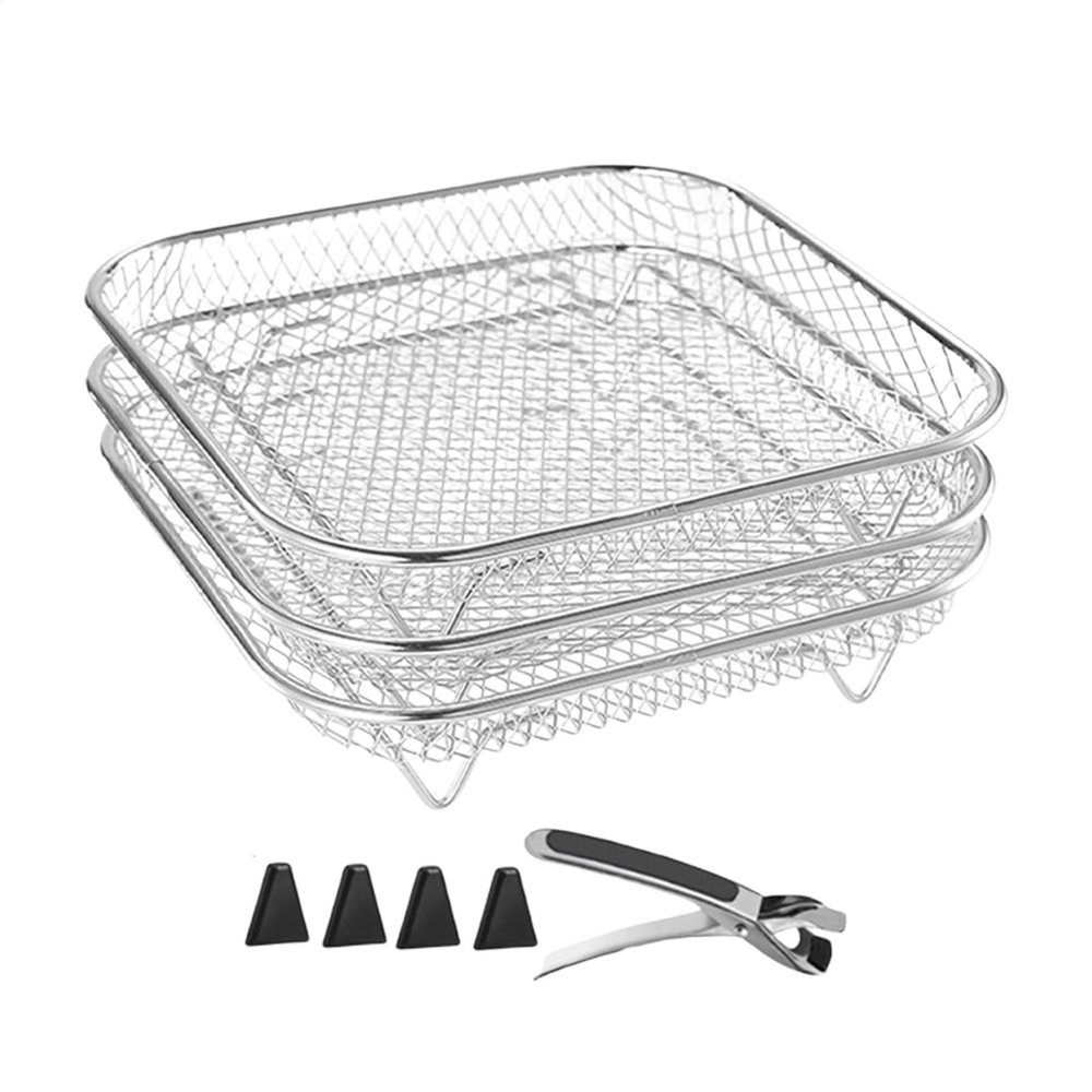 3PCS Air Fryer Grill Rack, Stackable Grill Basket Stainless Steel Cooking Dehydrator Rack Supplies for Kitchen, Air Fryer Accessories, Includes Gripper Clip
