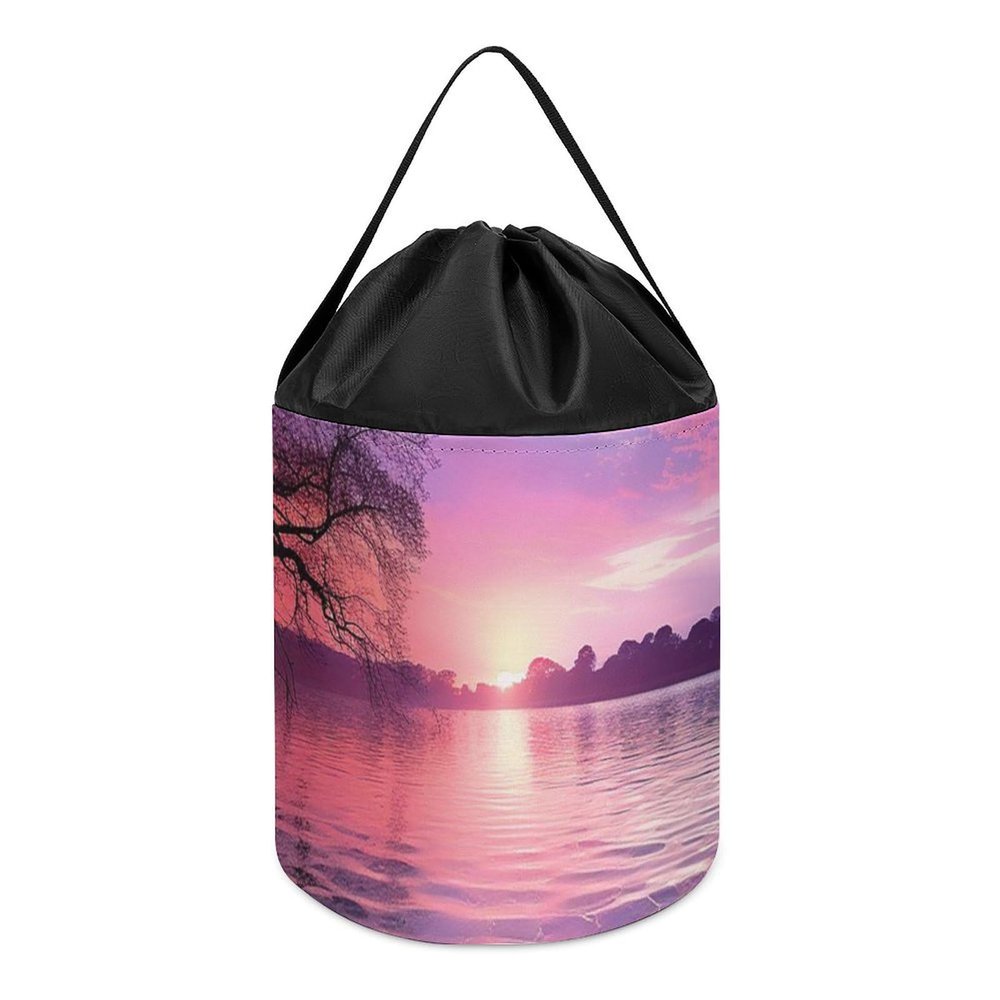 Trendy-floral-print Toy Storage Drawstring Tote Bags Purple Sunset on Water Printed Large Toy Storage Bags Foldable Storage Bin