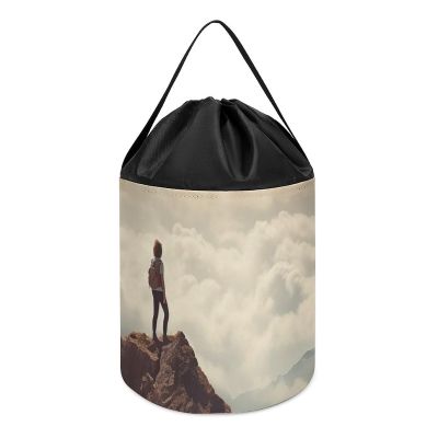 Trendy-floral-print Toy Storage Drawstring Tote Bags Woman on A Top Mountain Printed Large Toy Storage Bags Foldable Storage Bin