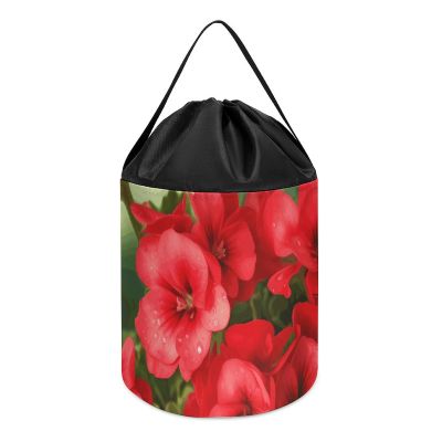 Trendy-floral-print Toy Storage Drawstring Tote Bags Red Geraniums Printed Large Toy Storage Bags Foldable Storage Bin