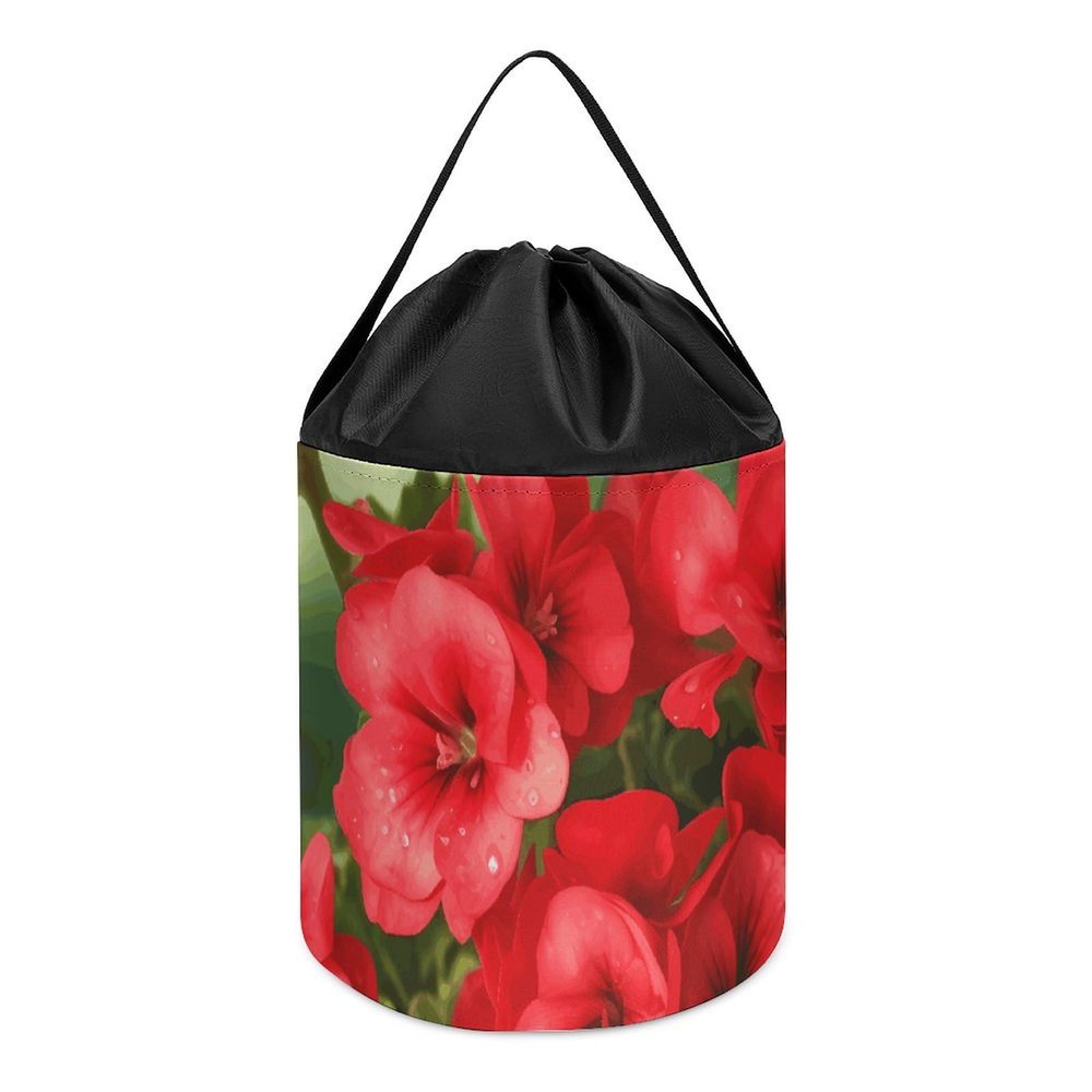 Trendy-floral-print Toy Storage Drawstring Tote Bags Red Geraniums Printed Large Toy Storage Bags Foldable Storage Bin