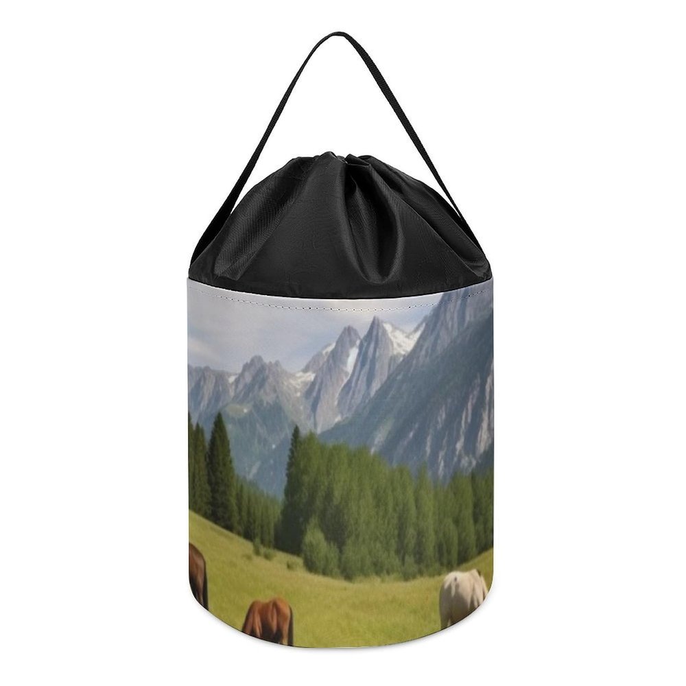 Trendy-floral-print Toy Storage Drawstring Tote Bags Mountain Pasture Grazing Horses Printed Large Toy Storage Bags Foldable Storage Bin