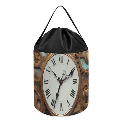 Trendy-floral-print Toy Storage Drawstring Tote Bags Rusty Steampunk Clock Printed Large Toy Storage Bags Foldable Storage Bin
