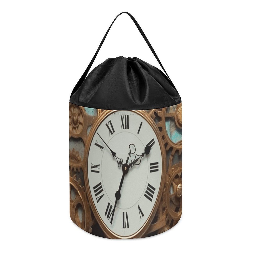 Trendy-floral-print Toy Storage Drawstring Tote Bags Rusty Steampunk Clock Printed Large Toy Storage Bags Foldable Storage Bin