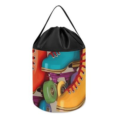 Trendy-floral-print Toy Storage Drawstring Tote Bags Retro Colorful Roller Skates Printed Large Toy Storage Bags Foldable Storage Bin
