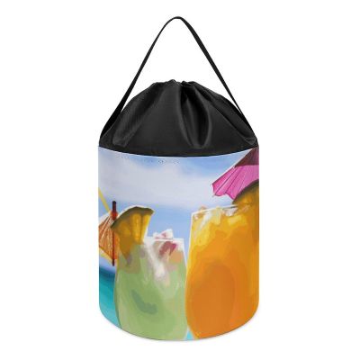 Trendy-floral-print Toy Storage Drawstring Tote Bags Tropical Beach Drink Printed Large Toy Storage Bags Foldable Storage Bin