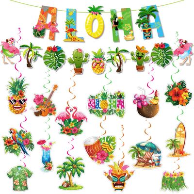 32 Pieces Hawaiian Luau Birthday Party Hanging Swirl Decorations, Flower Tropical Palm Flamingo Sign Foil Ceiling Decor for Floral Tropical Party Summer Beach Pool Tiki Supplies(Summer)