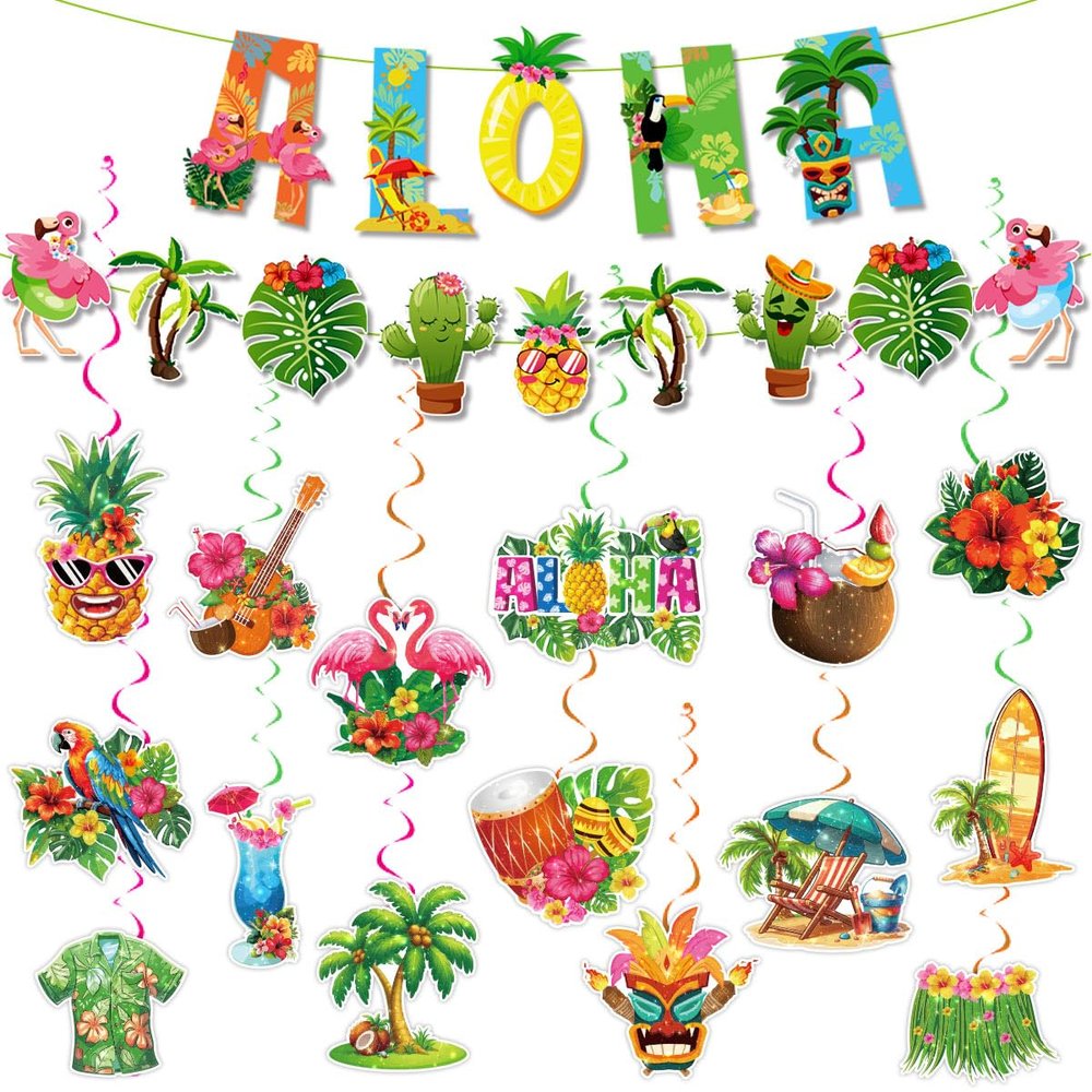 32 Pieces Hawaiian Luau Birthday Party Hanging Swirl Decorations, Flower Tropical Palm Flamingo Sign Foil Ceiling Decor for Floral Tropical Party Summer Beach Pool Tiki Supplies(Summer)