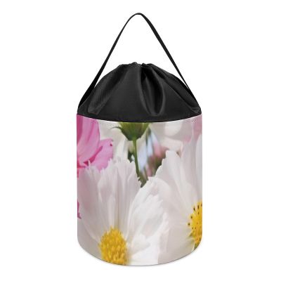Trendy-floral-print Toy Storage Drawstring Tote Bags Pink And White Flowers Printed Large Toy Storage Bags Foldable Storage Bin