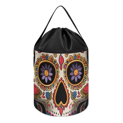 Trendy-floral-print Toy Storage Drawstring Tote Bags Sugar Skulls Printed Large Toy Storage Bags Foldable Storage Bin