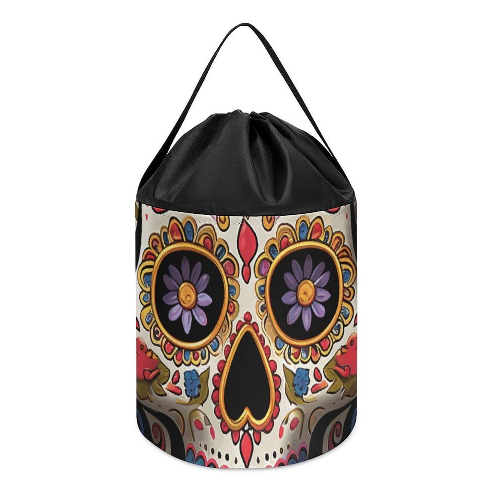 Trendy-floral-print Toy Storage Drawstring Tote Bags Sugar Skulls Printed Large Toy Storage Bags Foldable Storage Bin
