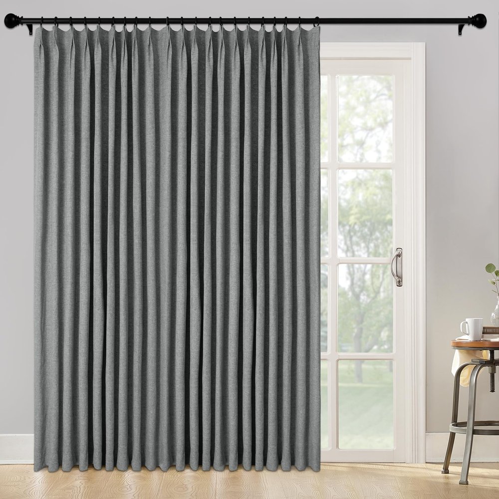Fcosie Mid Grey Pinch Pleat 100% Blackout Drapes Linen Blend, Room Darkening, Energy Saving, Noise Reducing, Furniture Protecting, Heat and Light Blocking Extra Wide Curtains, 200Wx96L, 2 PCS