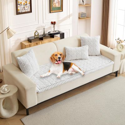 HANDONTIME Fuzzy Plush Couch Covers for Dogs Pet-Friendly Sofa Cover with Jacquard Geometric Design Washable Pet Couch Covers Thick Non-Slip Sofa Protector for Dogs, Cats, Kids (White, 27.6" x 59.1")