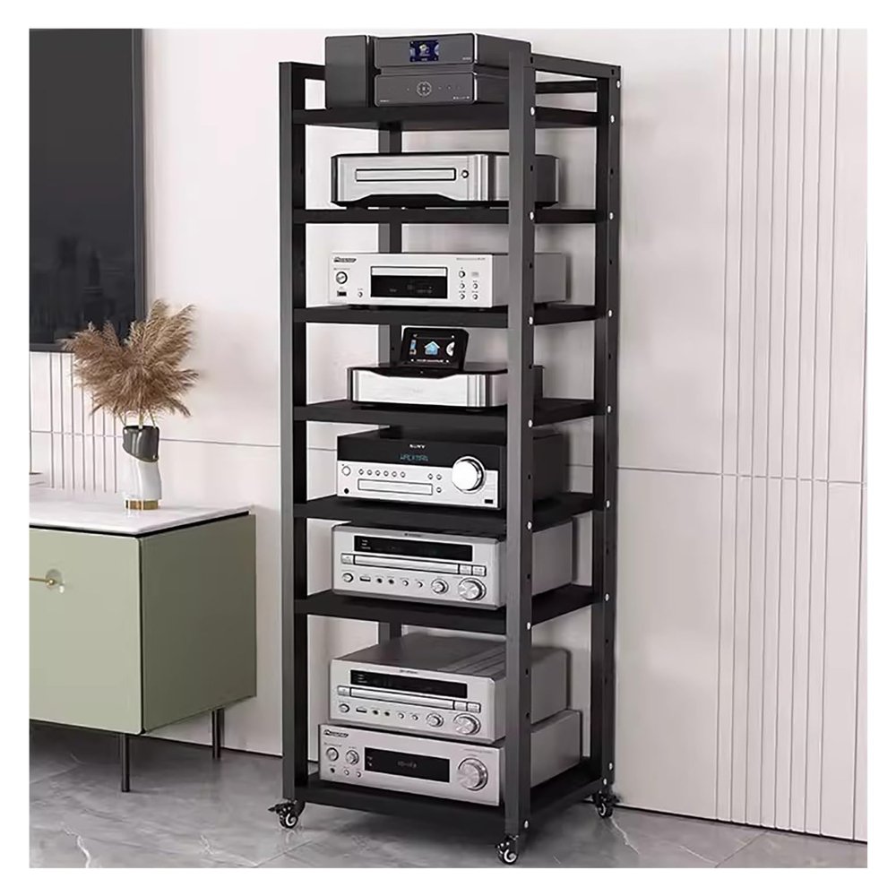5/6/7/8-tier Media Stand AudioComponent Cabinet with Wheels, Rolling Video Game Console Shelf, Heavy Duty Adjustable Stereo Media Rack, for Home/Office/Coffee Shop,Black 7 Layer 60cm/23.6in Wide