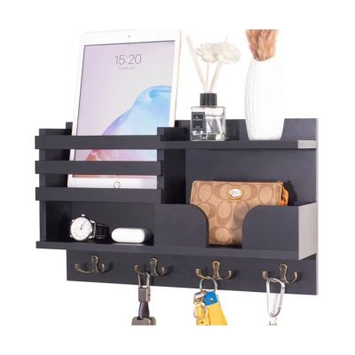 Coat Hooks Coat Rack Wall Mounted Wooden Wall Hook Key Holder Box with 4 Double Hooks Wall Mounted with Shelf Handmade for Hanging Jacket, Jacket, Clothes, Hat Wall Wear Hook(Black)