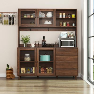63" W Large Kitchen Pantry Storage Cabinet with 4 Doors, Freestanding Kitchen Hutch Cabinet with 4 Drawers & Microwave Shelf, Cupboard for Dining Room, Walnut