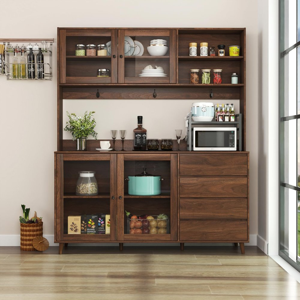 63" W Large Kitchen Pantry Storage Cabinet with 4 Doors, Freestanding Kitchen Hutch Cabinet with 4 Drawers & Microwave Shelf, Cupboard for Dining Room, Walnut