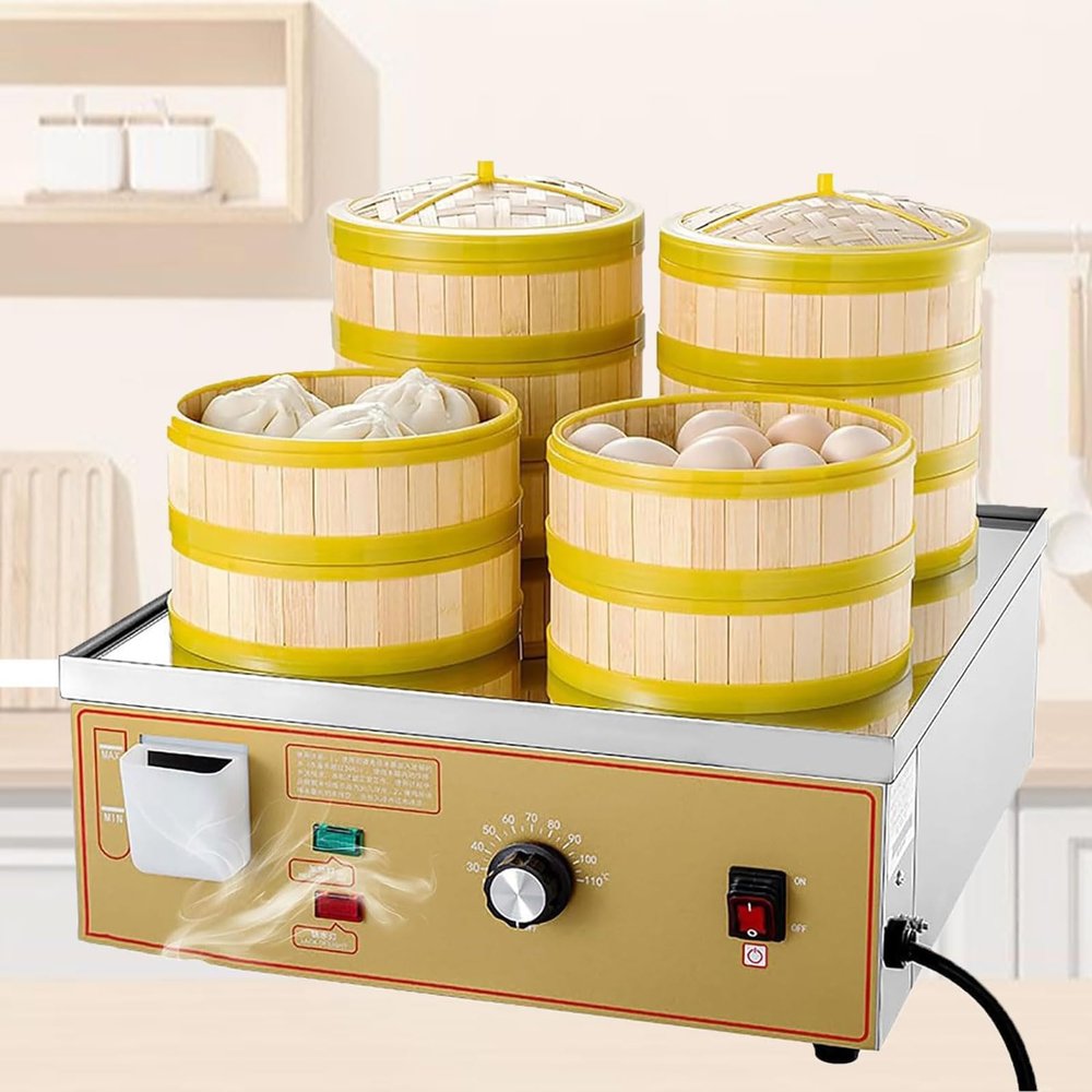 Electric Steamed Bun Machine, Commercial Electric Steamer, 4-Hole Steamed Machine Stainless Steel Bun Steamer Heating Dry Boiling Alarm, Independent Water Supply, Gold