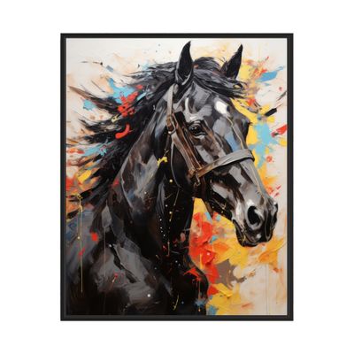 Black Horse Poster Art Print, Animal Painting Wall Art Abstract Artwork, Colorful Wildlife Prints Decor for Bedroom Bathroom Living Room 62 (Black Horse, 14"L x 11"W, Black Frame)