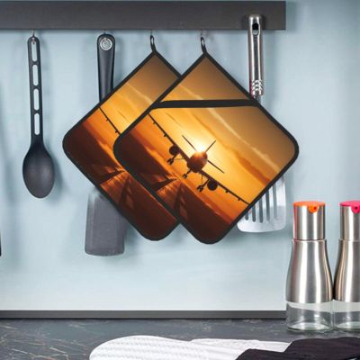 2 Pack Aircraft Plane at Sunset Pot Holder with Pocket for Kitchen Heat Resistant Potholder Multipurpose Hot Pads Machine Washable Oven Mitts Trivet for Baking Cooking 8 X 8 Inches
