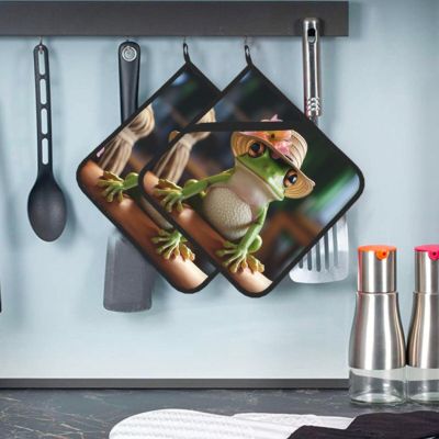 2 Pack Cute Frog in Hat Pot Holder with Pocket for Kitchen Heat Resistant Potholder Multipurpose Hot Pads Machine Washable Oven Mitts Trivet for Baking Cooking 8 X 8 Inches