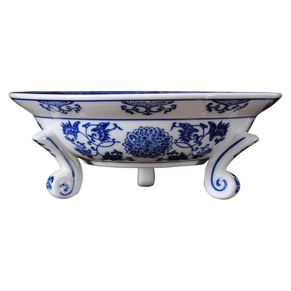 MTNBHH New Chinese Style Ceramic Fruit Bowl Hand-Painted Blue & White Decorative Basket for Kitchen, Living Room, Parties(8in)