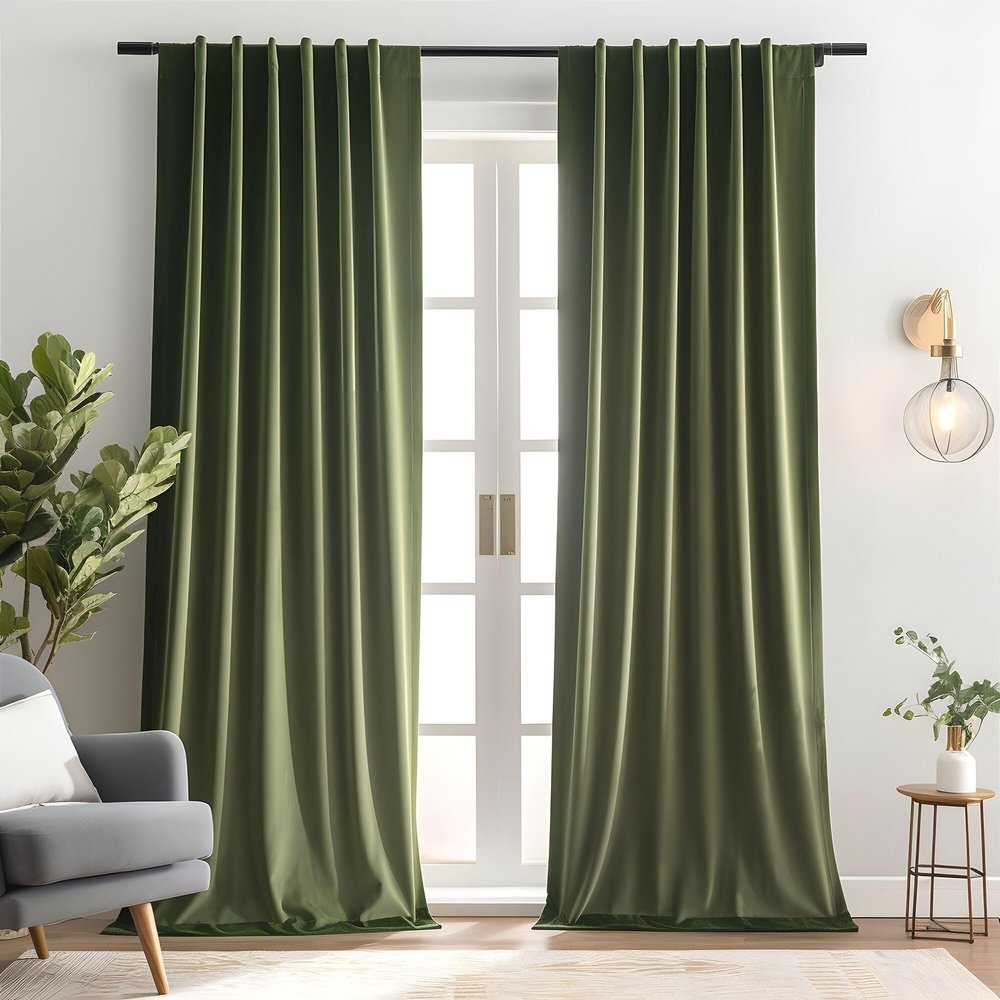 Aljctns Olive Green Velvet Curtains 90 inches Long Luxury 80% Blackout Curtains for Bedroom Living Room,Thermal Insulated Super Soft Window Drapes Rod Pocket & Back Tab, 52" W x 90" L, 2 Panels