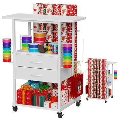 Wrapping Paper Storage Cart with 12 Rolls Wrapping Paper Organizer Holder, Rolling Craft Cart with 2 Fabric Drawer, Gift Wrapping Station with 4 Hooks Storage Ribbons and Gift Bags, Spave Saving