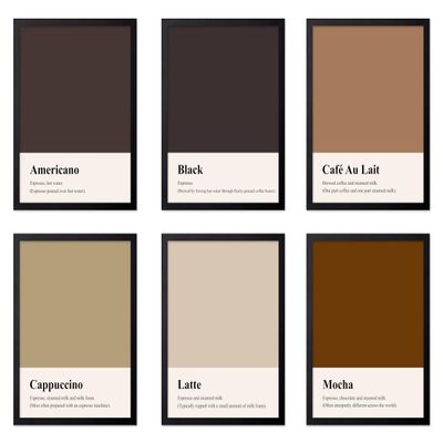 Monem Art 6-Piece Types of Coffee Print - Cafe Poster - Espresso & Cappuccino Art - Food & Drink Wall Design - Caffeine Art - Great Coffeehouse or Kitchen Decor - 16x20 UNFRAMED Wall Art