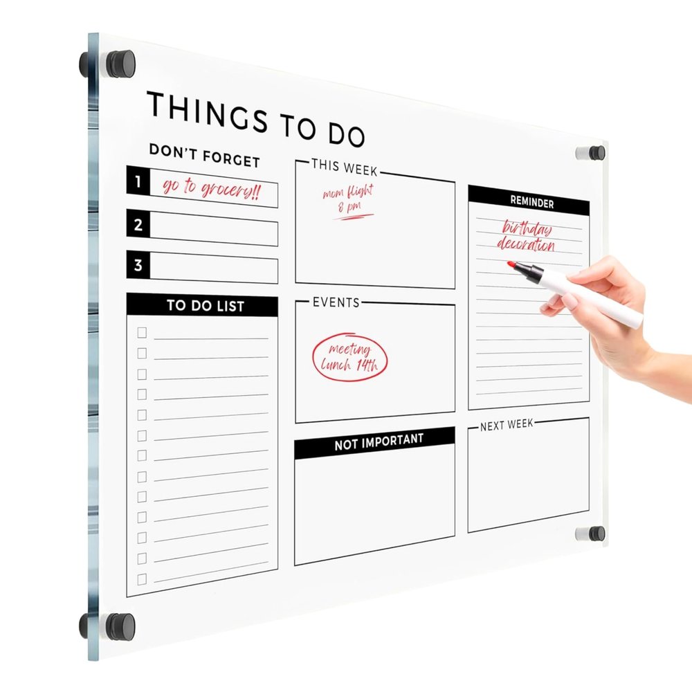 Acrylic Premium Wall Planner - Large Glass Calendar for Wall - to Do List Reminder - Dry Erase Board - Reusable Board for Office and Home - Dry Erase Board (Black Standoff, 36"x24" (Large))