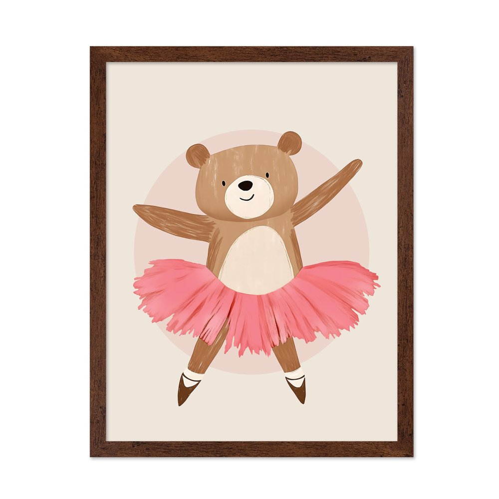 Poster Master Ballerina Bear Print - Cute Nursery Poster - Whimsical Bear Art - Pastel Color Wall Design - Chic Girl's Room Art - Boho Kid's Room or Nursery Decor - 16x20 Brown Framed