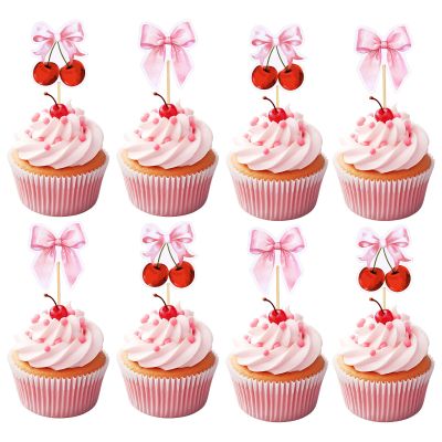 BOXOB 36 Pzs Adornos para Cupcakes con Lazo, Adornos para Cupcakes con Lazo Coqueto Decoracin Tartas Rosa Palillos de Cereza Lazo Bodas Baby Shower Decoracin Fiestas Cumpleaos
