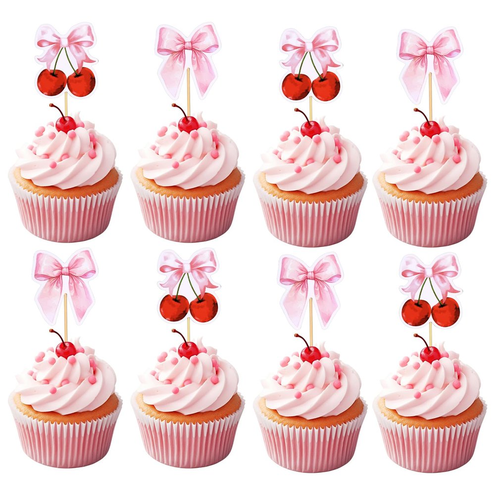BOXOB 36 Pzs Adornos para Cupcakes con Lazo, Adornos para Cupcakes con Lazo Coqueto Decoracin Tartas Rosa Palillos de Cereza Lazo Bodas Baby Shower Decoracin Fiestas Cumpleaos