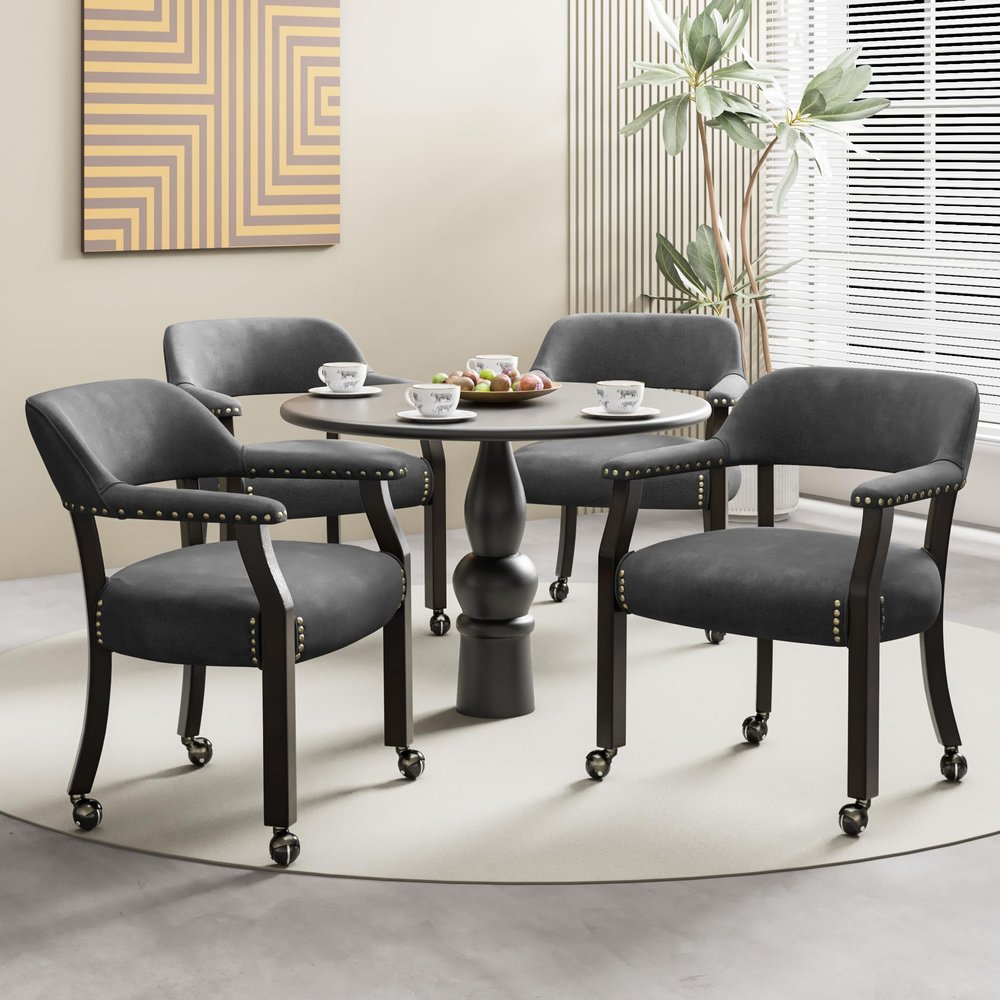 4-Set Dining Chairs with Casters and Arms, Rolling Dining Chairs with 360 Swivel Wheels, Boss Caption's Chair, Wood Desk Chair with Wheels, Easy Assembly for Dining Room, Home Funiture Grey