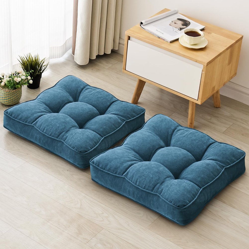 1 MIDDLE ONE Floor Pillow Set of 2, Memory Foam Floor Cushions for Adults, Large Meditation Pillow for Sitting, 22 x 22 Inches (Square | Navy)