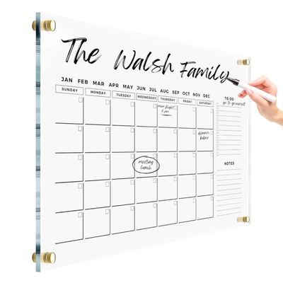 Minimalist Horizontal Clear Calendar for Office and Home Wall - 2026 Dry Erase Two Month Family Planner w Marker and Black Hardware (Gold Standoff, 40"x28" (XLarge))