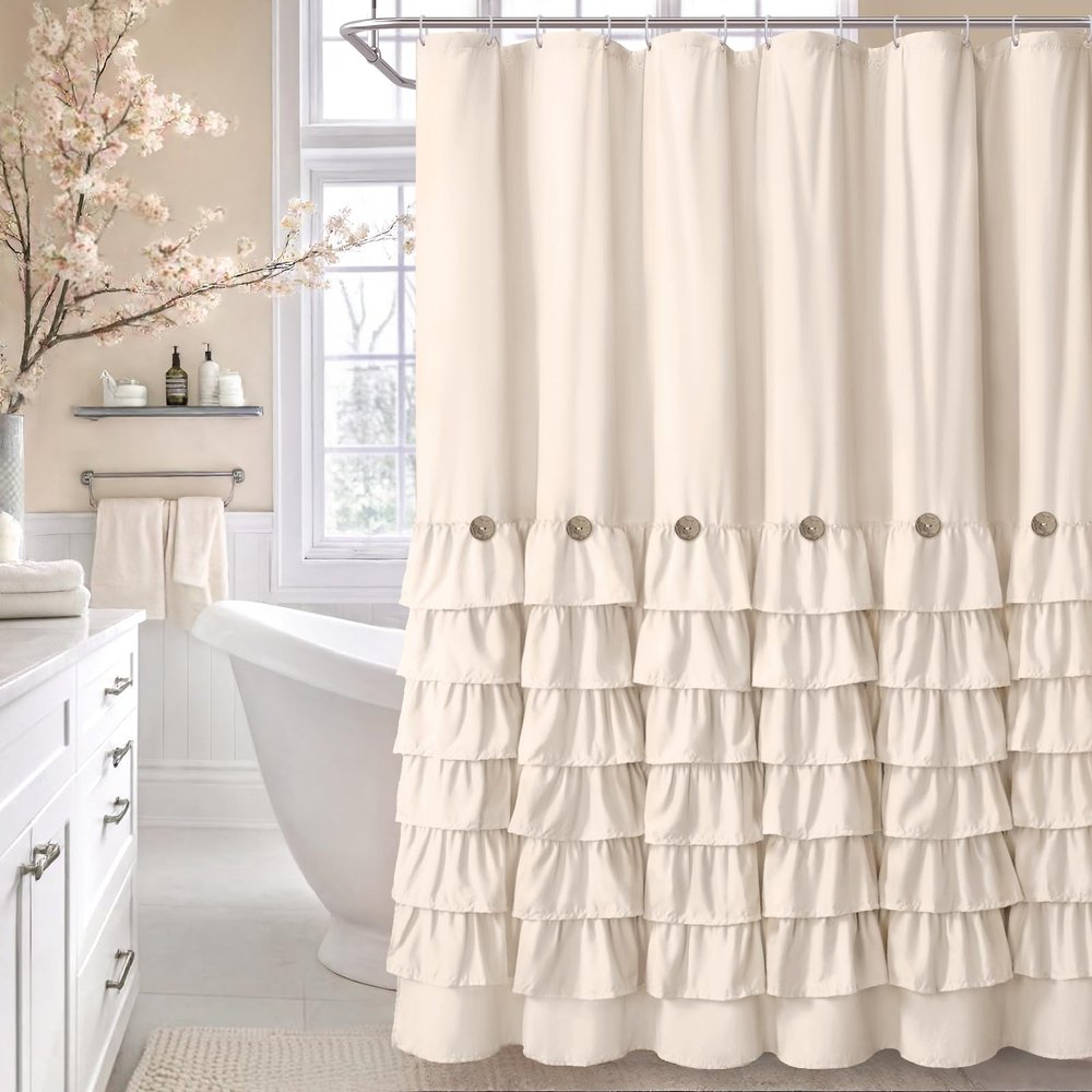 NDDYCU Ruffle Farmhouse Shower Curtain, Cream Vintage Shower Curtains for Bathroom Fabric Cute Rustic Cloth, 72" W X 78" L Inch