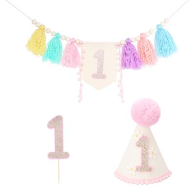 3 Pcs Baby First Birthday Party Decorations, High Chair Banner Crown Hat and Cake Topper, 1st Birthday Decorations for Baby Girls and Boys (Colorful)