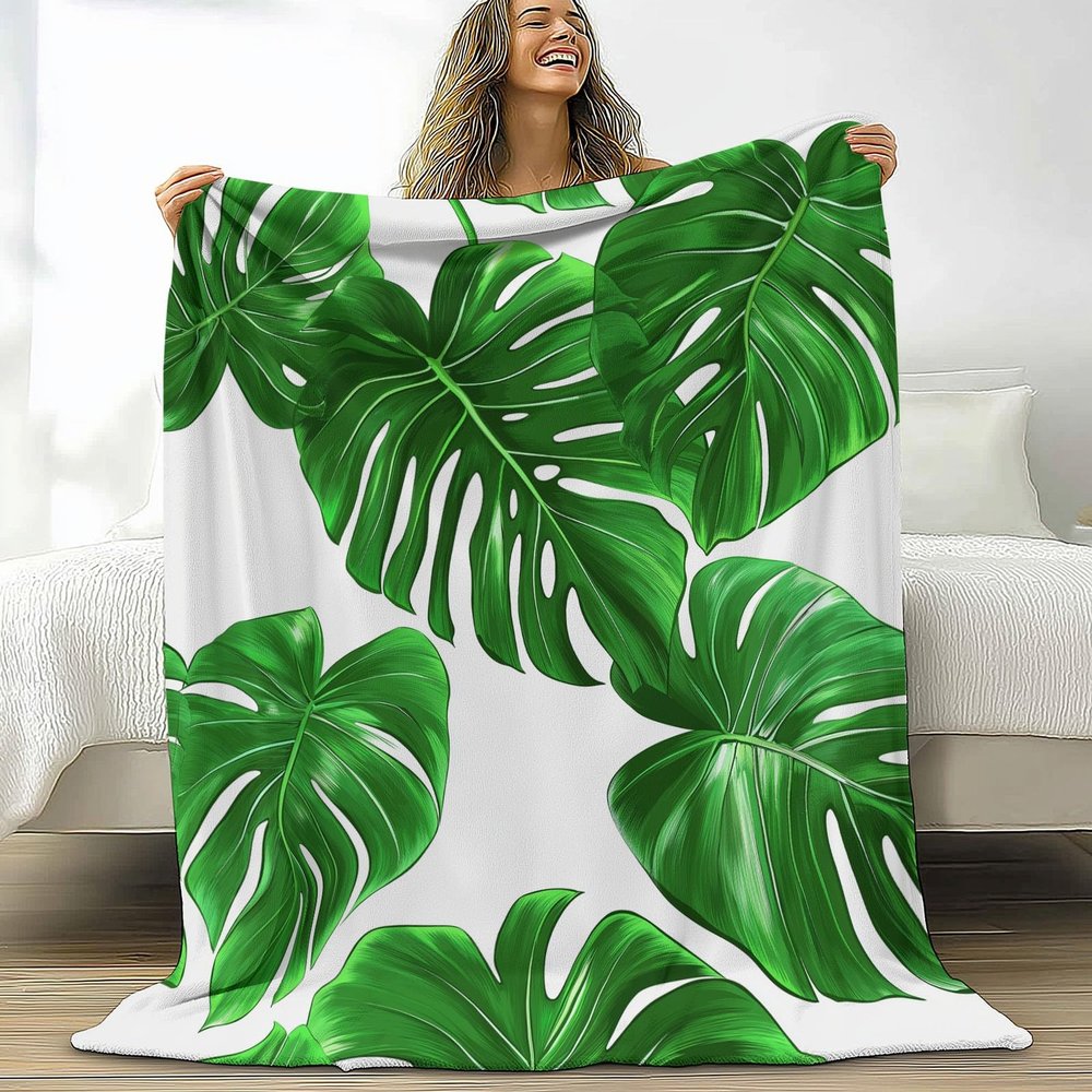 50 x 60 in Blanket for Couch Sofa Bed, Decorative Plant Leaves Monstera Blankets, Fuzzy Soft Cozy Warm Plant Palm Leaves Beding, Lightweight Flannel Bed Blanket for All Seasons